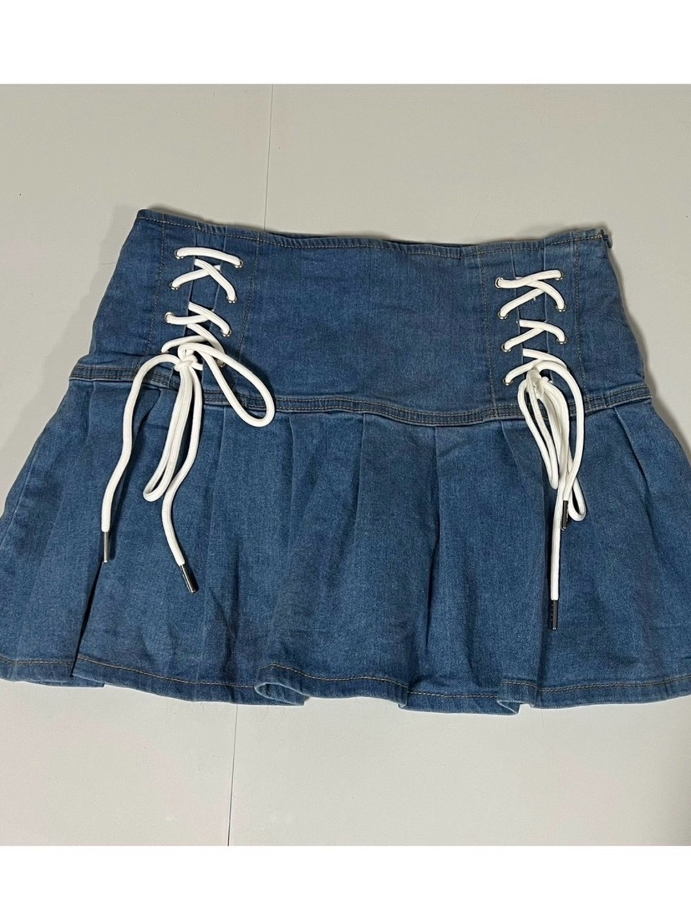 Blue White Jean Denim Tie-Up Pleated Mini Skirt Bottoms Size M 🩵🤍✨ #coquette